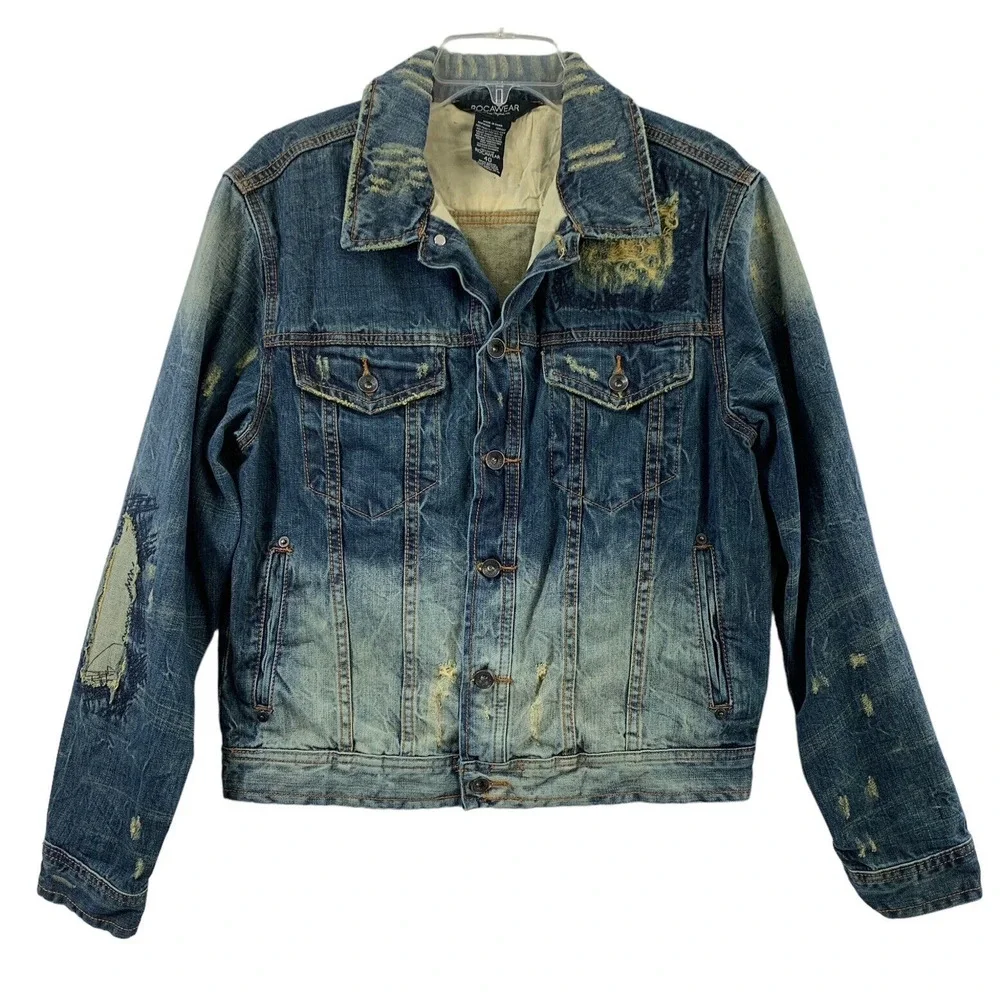 Rocawear Denim‎ Jacket Mens Size 40 Distressed Destroyed Trucker Hip Hop Grunge